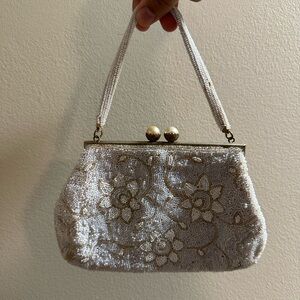 antique beaded white & gold floral evening bag